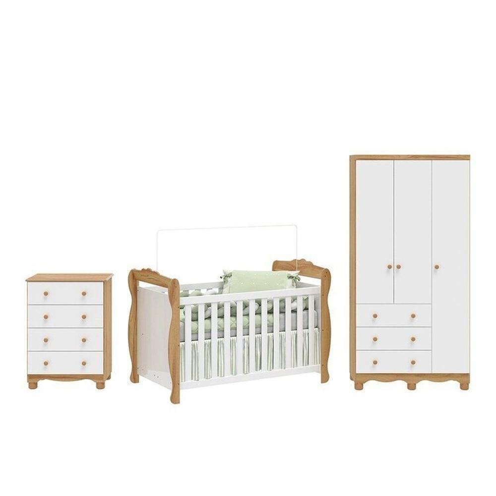 Miniatura Quarto de Bebê Completo com Guarda-roupa 3 Portas e Cômoda e Berço Nina 100% Mdf Espresso Móveis Branco Brilho/Amêndoa
