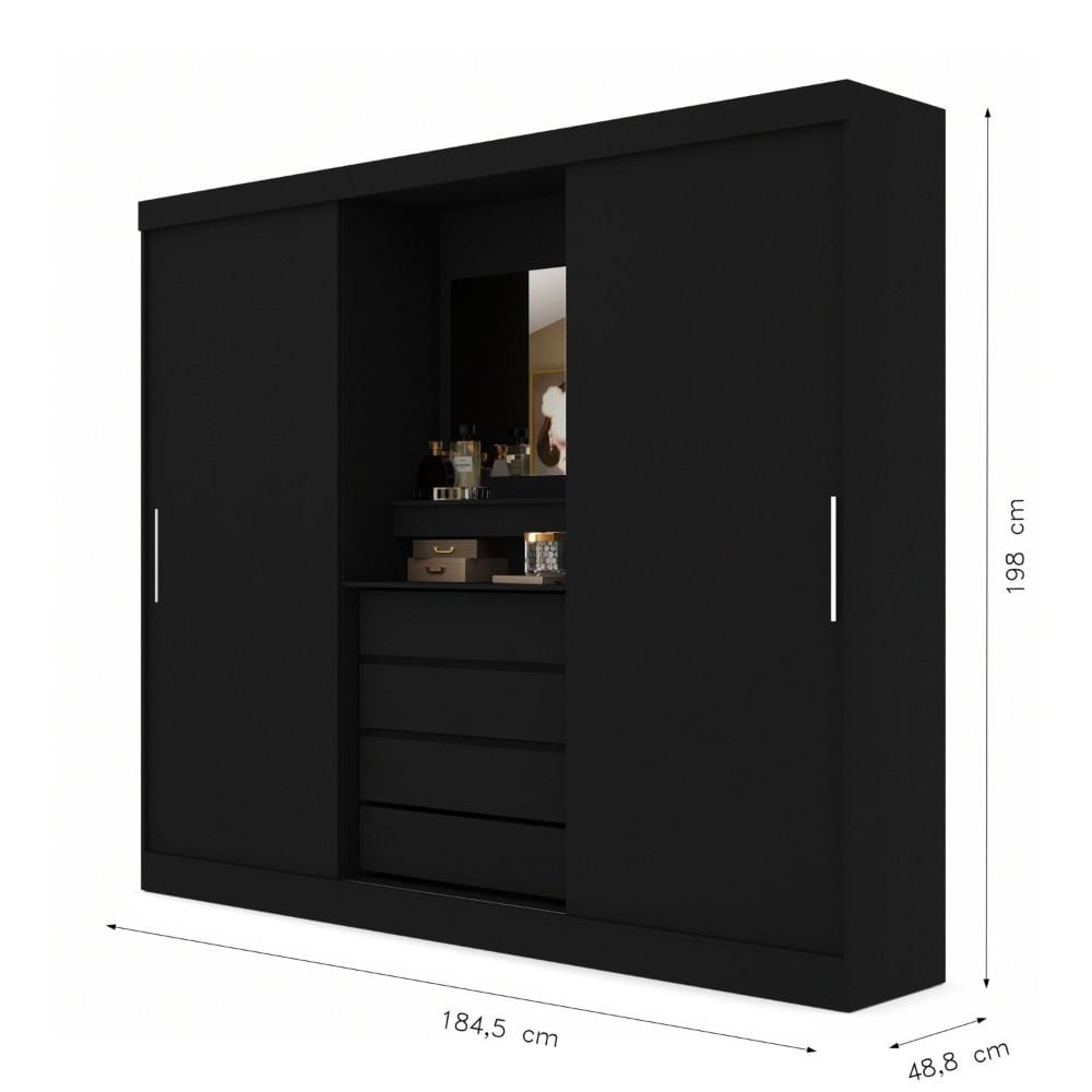 Miniatura Guarda Roupa Solteiro com Espelho 2 Portas de Correr 4 Gavetas Itália Yescasa Amêndola/Preto Prime TX