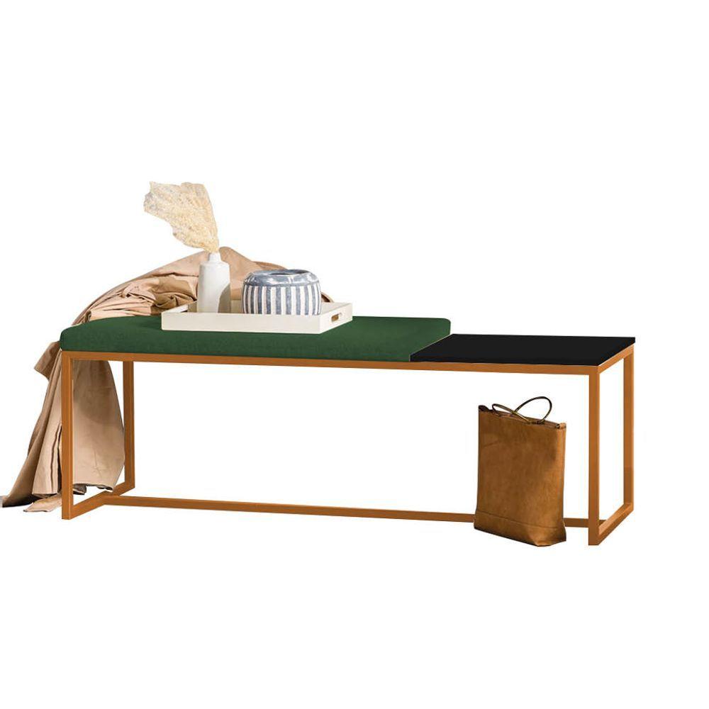 Miniatura Banco Recamier Puff 160cm Industrial Bronze Suede Verde Tampo Quadrado Preto