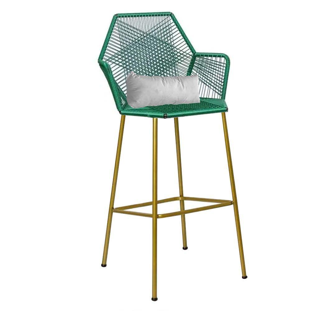 Miniatura Kit 07 Banqueta Alta Sttar Ferro Dourado Fibra Verde Almofada Sintético Branco