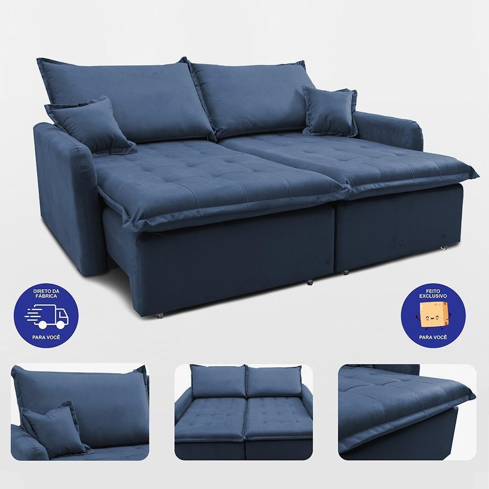 Sofá Sem Caixa Retrátil 1,60m Softgel Luna Velusoft Azul Cama Inbox