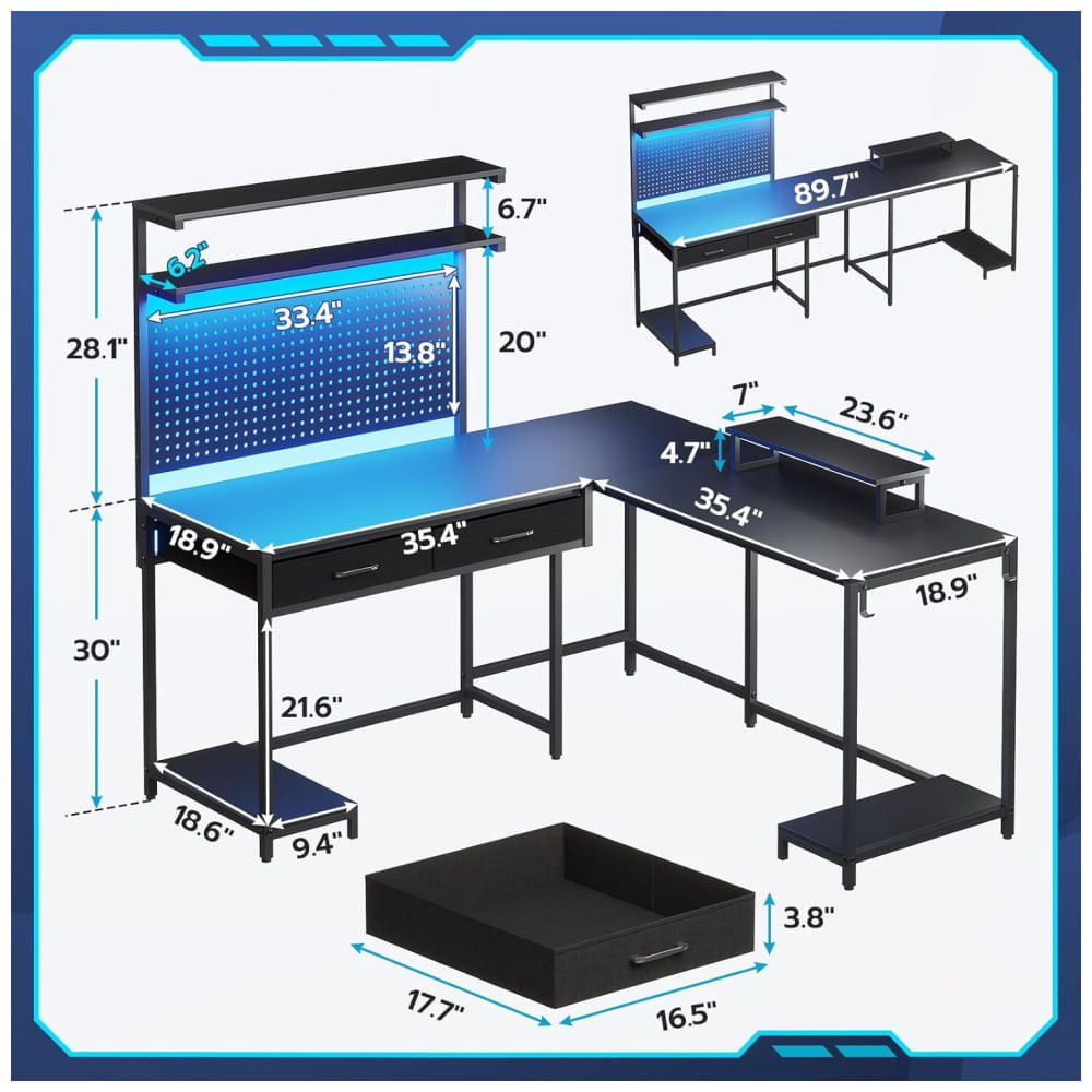 Miniatura Mesa Gamer em Formato de L com Luz LED, Suporte para Monitor, Prateleiras de Armazenamento, Tomadas, Painel Perfurado e Gavetas, 110V, SEDETA, Preto 110v