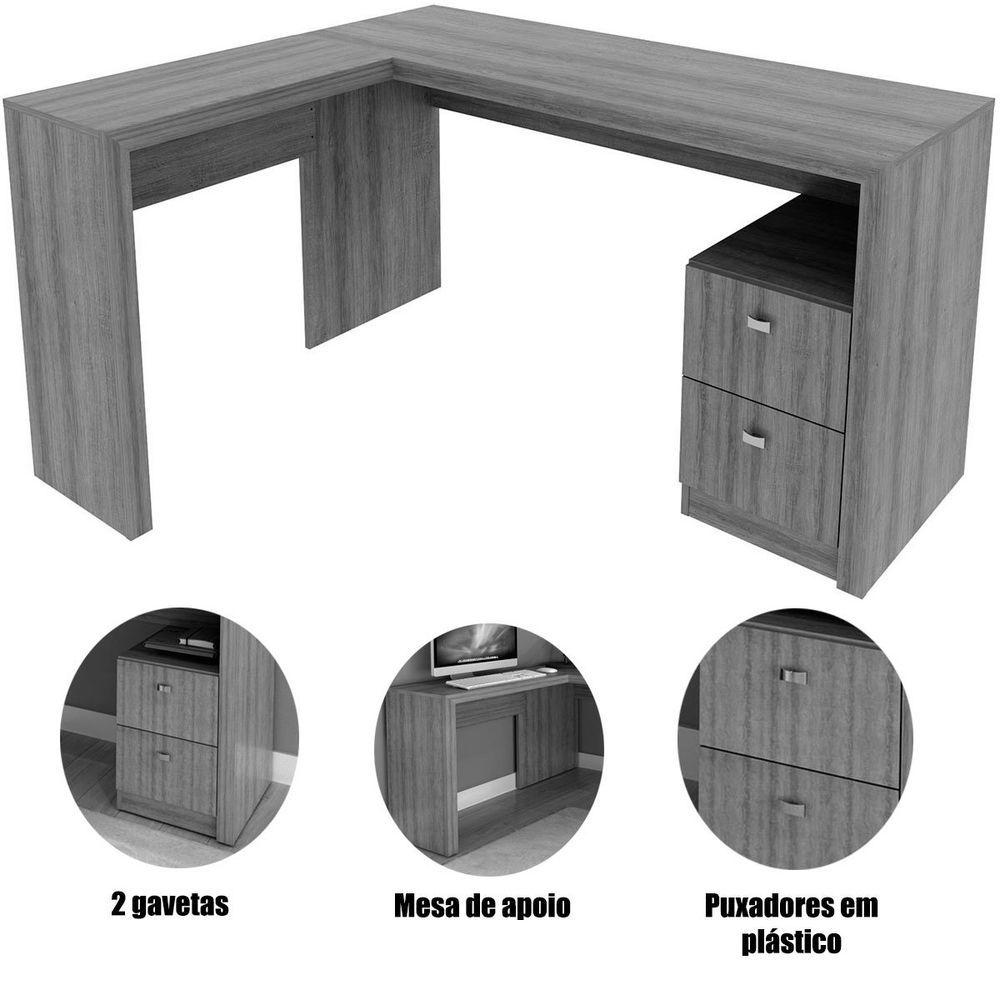 Miniatura Mesa De Canto Para Escritório Em L Angular Com 2 Gavetas Preto
