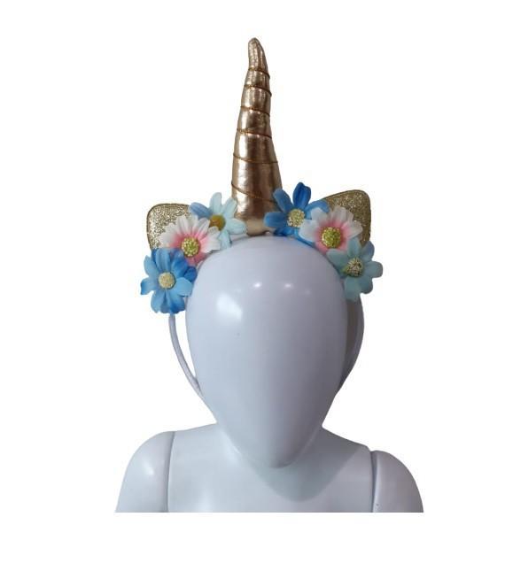 Miniatura Arco Tiara Unicórnio Infantil Metalizado Com Flores