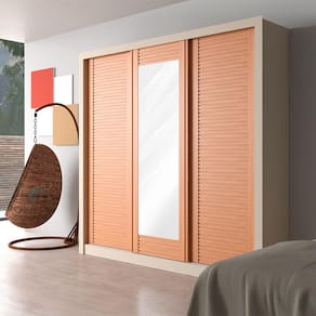 Miniatura Guarda-Roupa Casal Bartira Village com 3 Portas, 4 Gavetas, Espelho e 243,1 cm de Largura Areia/Peroba