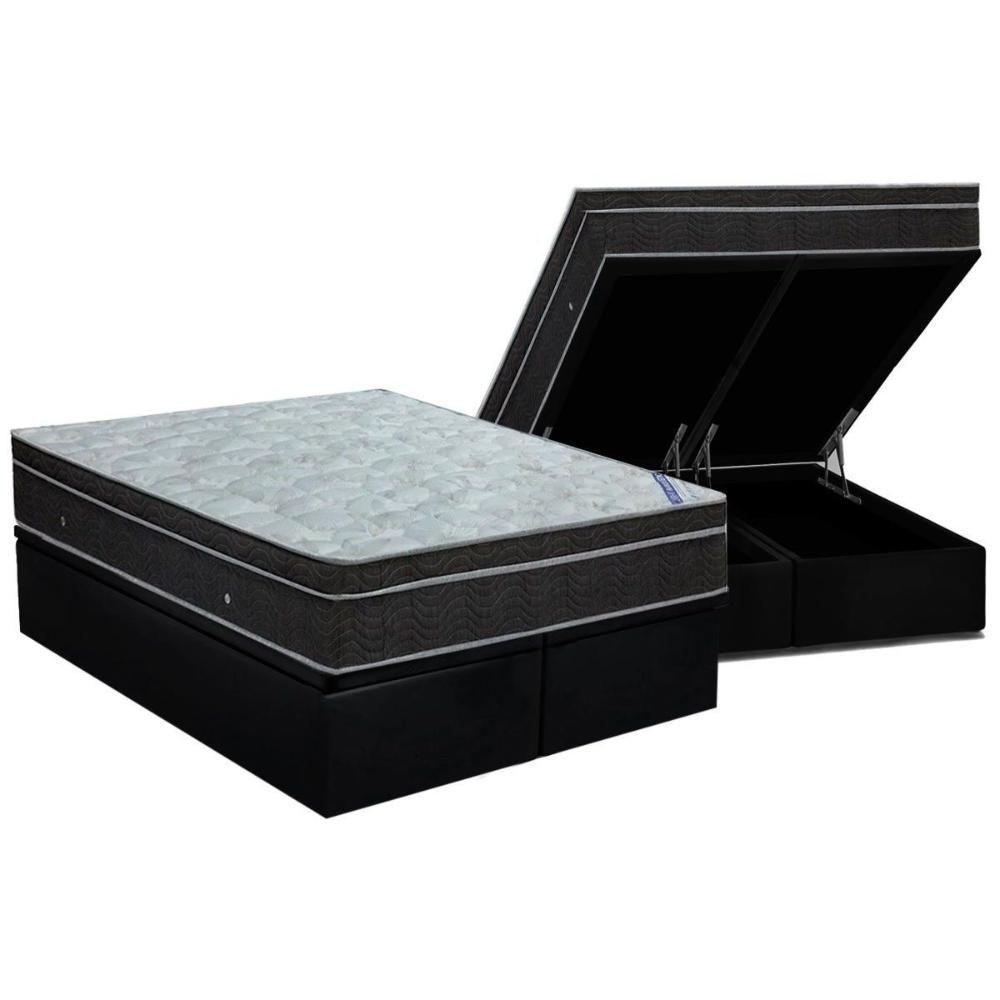 Miniatura Cama Box Baú King: Colchão Molas Bonnel Ortobom Nanolastic Light + Base Crc Suede Black(186X198)