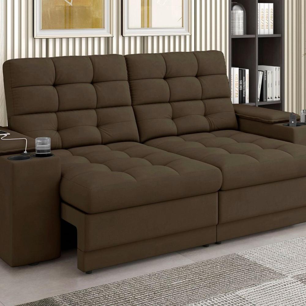 Miniatura Sofá Kansas Vel Copo/usb 205 Cm Retrátil e Reclinável 3 Lugares Marrom