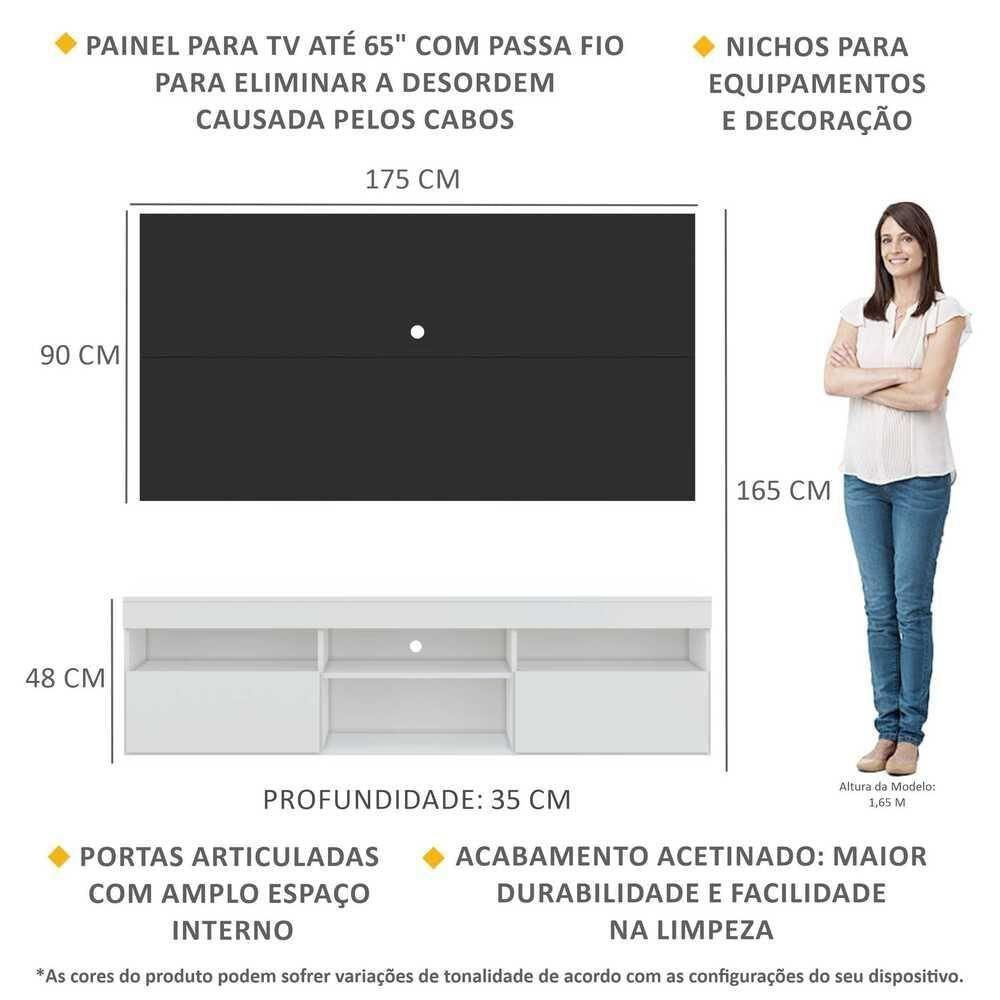 Miniatura Rack Com Painel Tv 65" Com 2 Portas Londres Multimóveis V3334 Branco/Preto Branco/Preto
