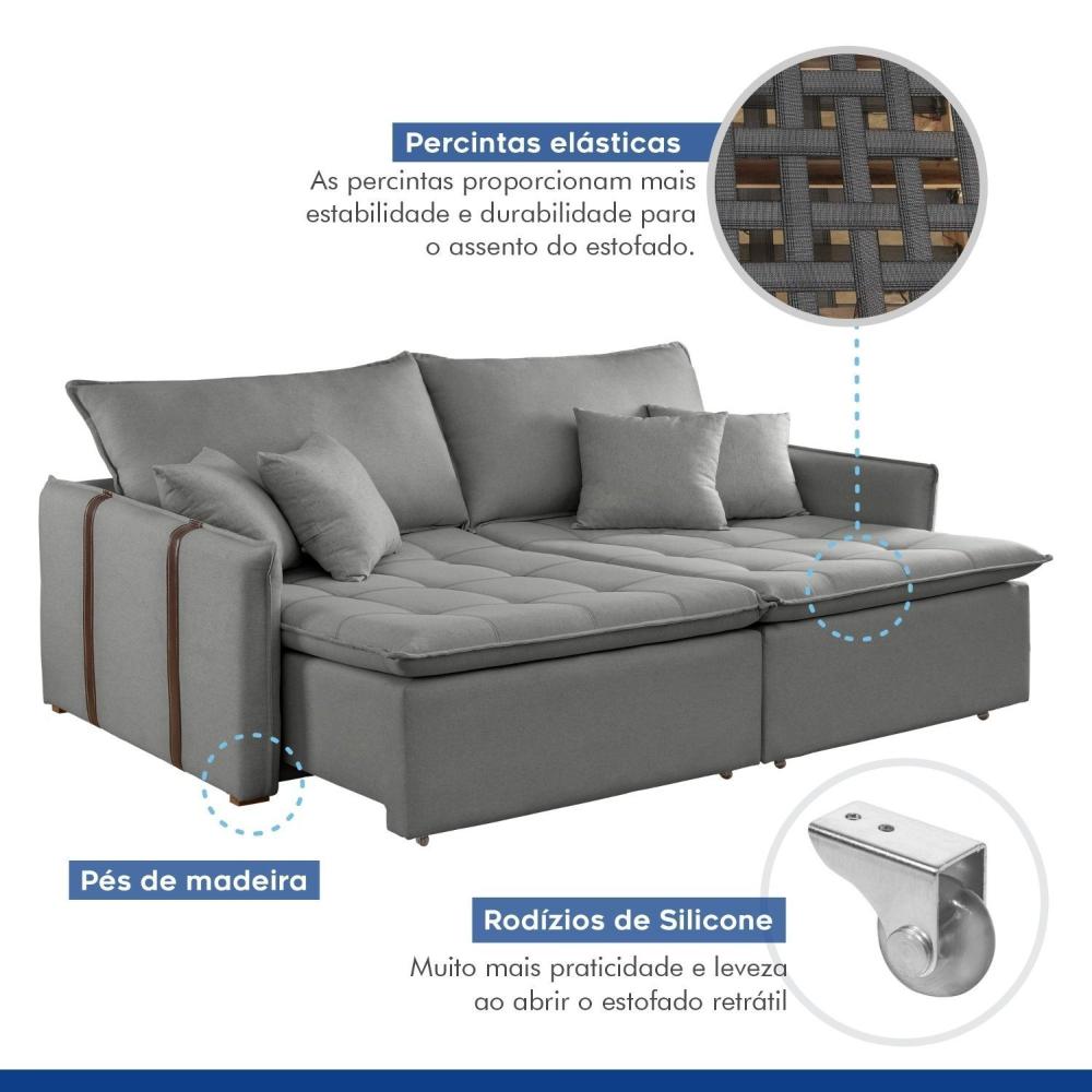 Miniatura Sofa Cama Retratil e Reclinavel 220cm Detroid Yescasa Linho/Cinza