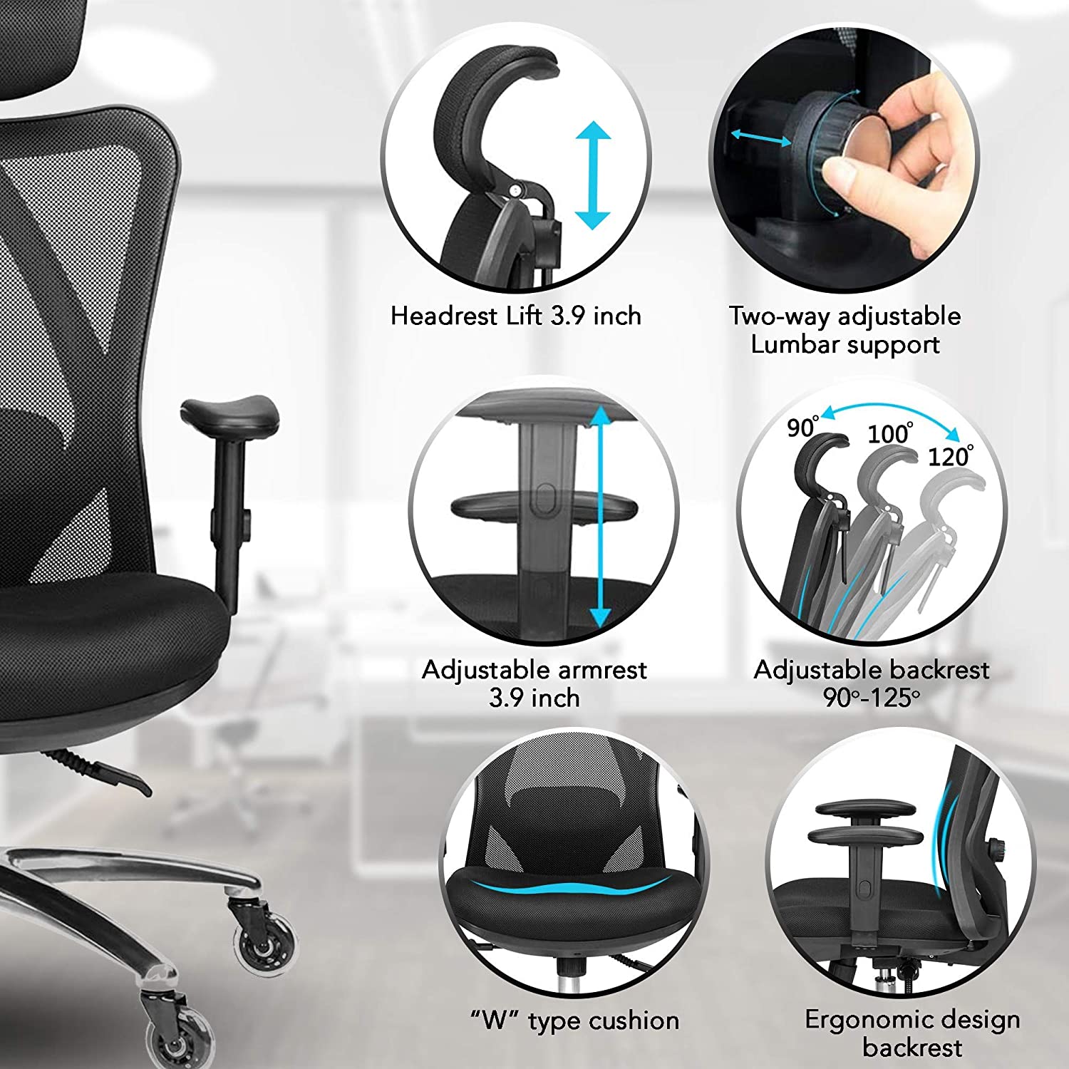 Duramont Ergonomic Office Chair Adjustable Desk Chair with Lumbar Support and Rollerblade Wheels High Back Chairs with Breathable Mesh Thick Seat Cushion Head and Arm Rests Reclines