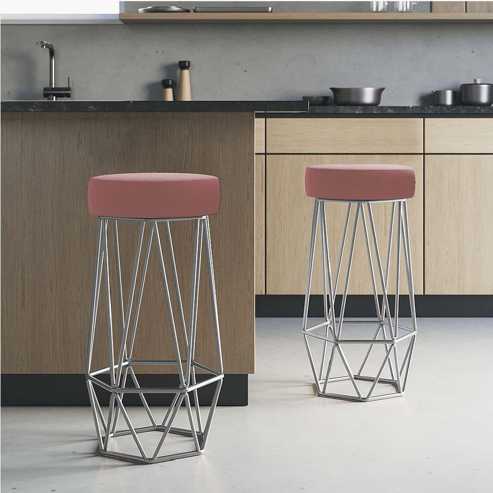 Miniatura Banqueta Com Encosto Mhara Hexágono Cozinha Bar Ferro Prata Suede Rose Gold - Amey Decor