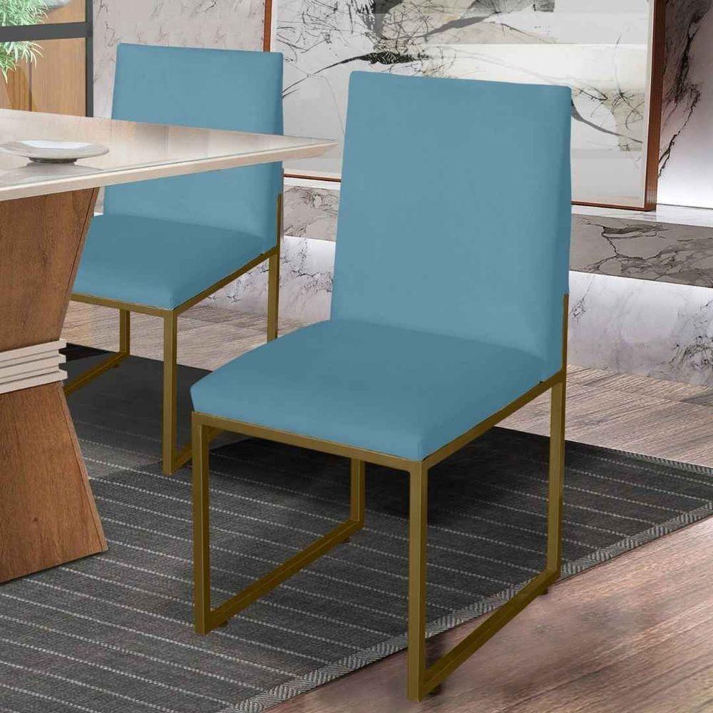 Kit 4 Cadeira De Jantar Escritorio Industrial Garden Ferro Dourado Suede Azul Turquesa