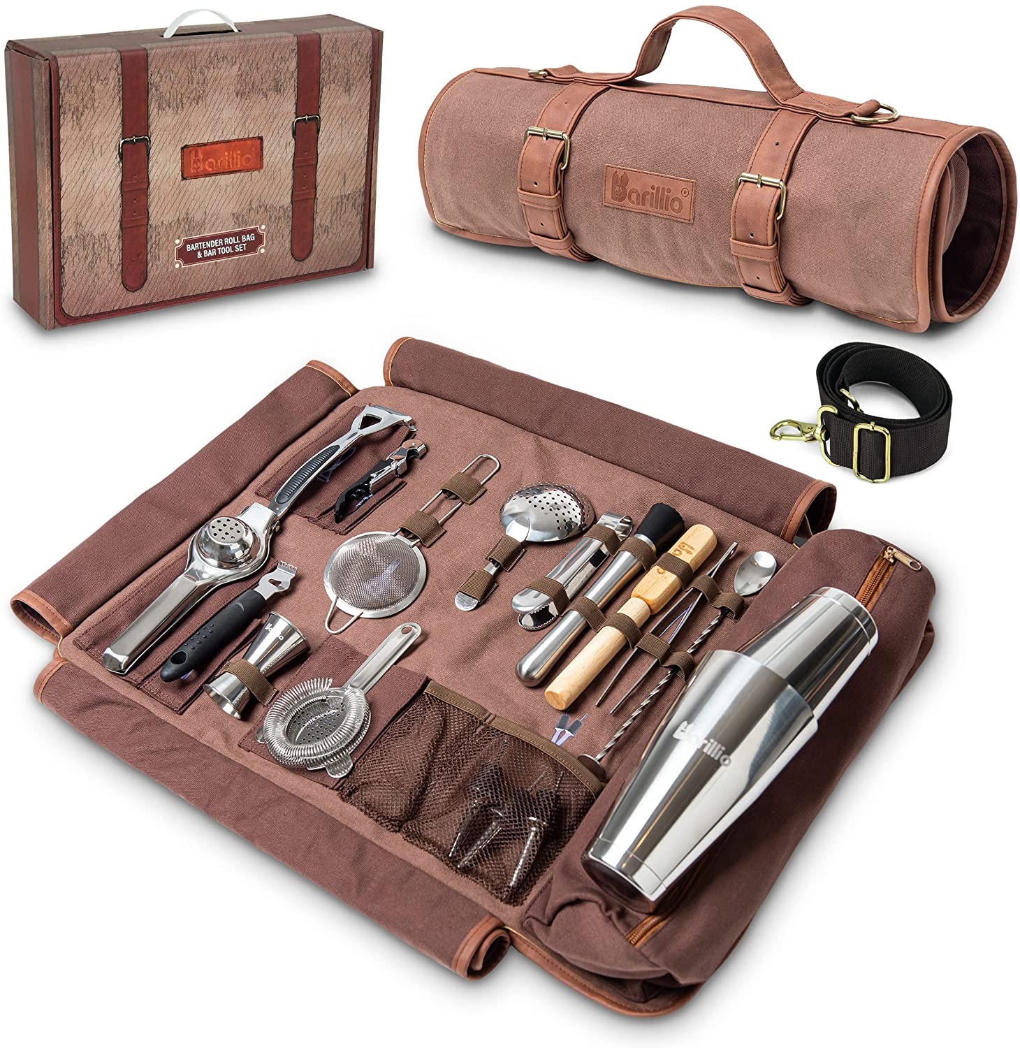 Miniatura Barillio Kit Barman Profissional 17 Peças em Aço Inoxidável co m Bolsa de Lona para Transporte