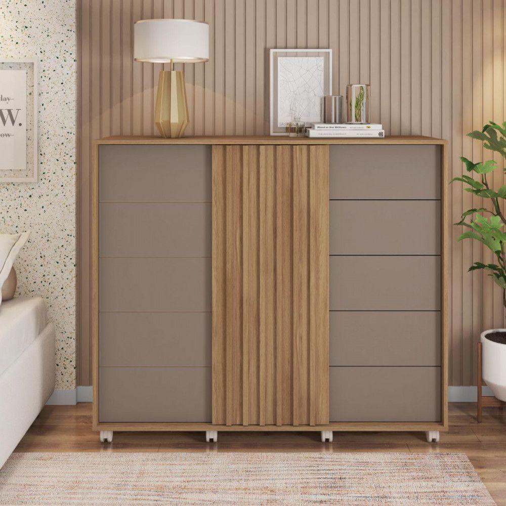 Miniatura Cômoda Com 5 Gavetas 2 Portas Pegasus Com Rodízios Caemmun Buriti Ripado/ Fendi
