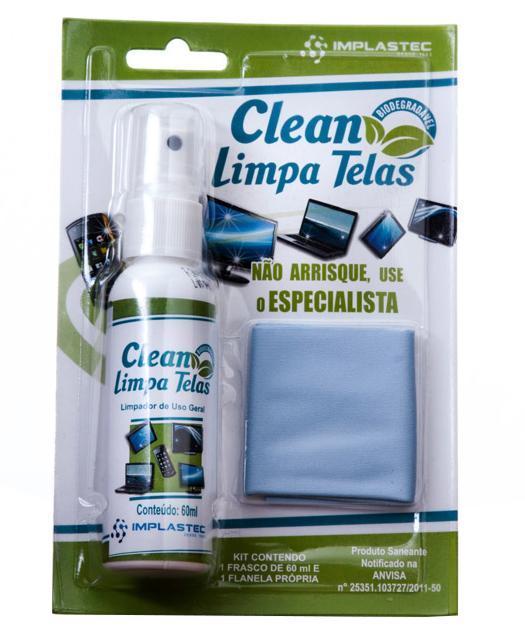 Miniatura Spray Limpa Tela Clean Implastec - 60Ml - Com Flanela