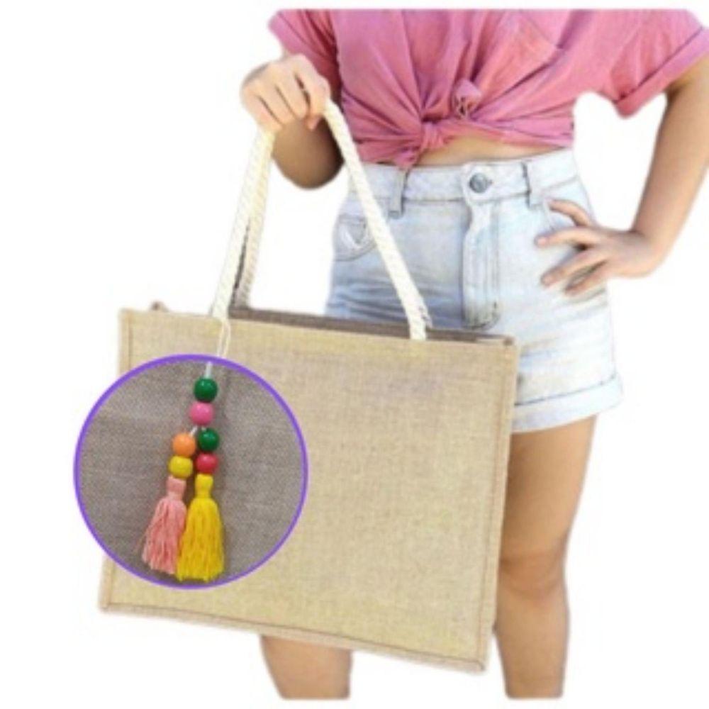 Miniatura Bolsa De Praia De Palha De Juta Feminina Com Chaveiro Pingente Sacola Ecobag Moda Verão marrom