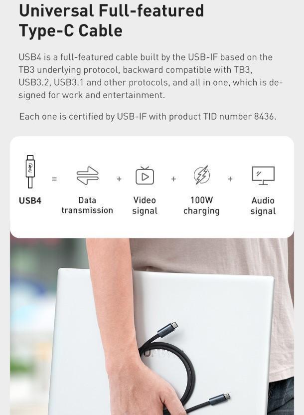 Miniatura Cabo Usb Tipo C Thunderbolt 4 Baseus 40Gpbs Pd 100W Video 8K