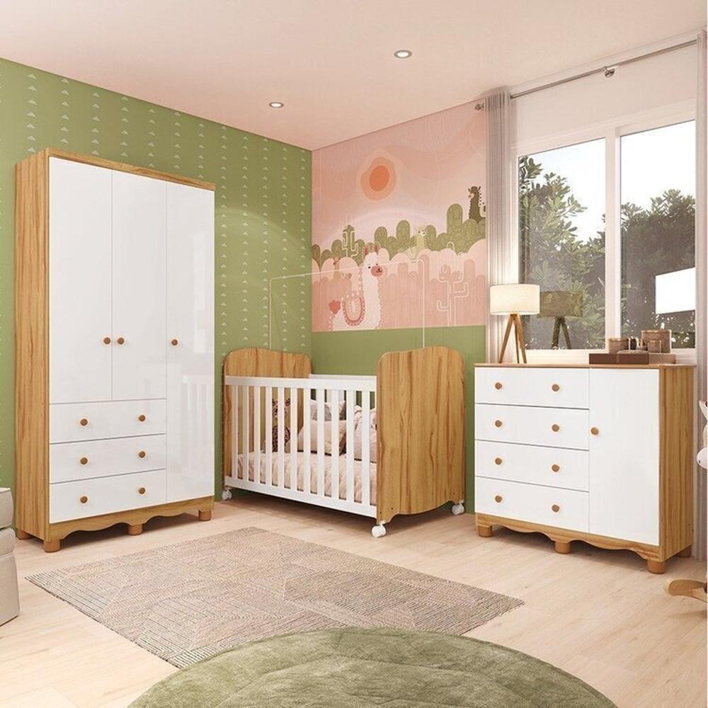 Miniatura Quarto de Bebê Completo com Guarda Roupa 3 Portas Cômoda e Berço 100% Mdf Mimo Espresso Móveis Branco Brilho/Amêndoa