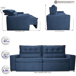 Sofá 4 Lugares Cama inBox Belém Retrátil e Reclinável Revestido em Suede Velusoft - 230cm de largura Azul