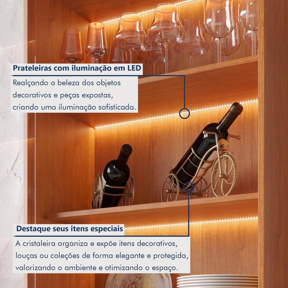 Miniatura Cristaleira 2 Portas 1 Gaveta 3 Prateleiras com Led Pés em Madeira Maciça Grecia New Naturalle