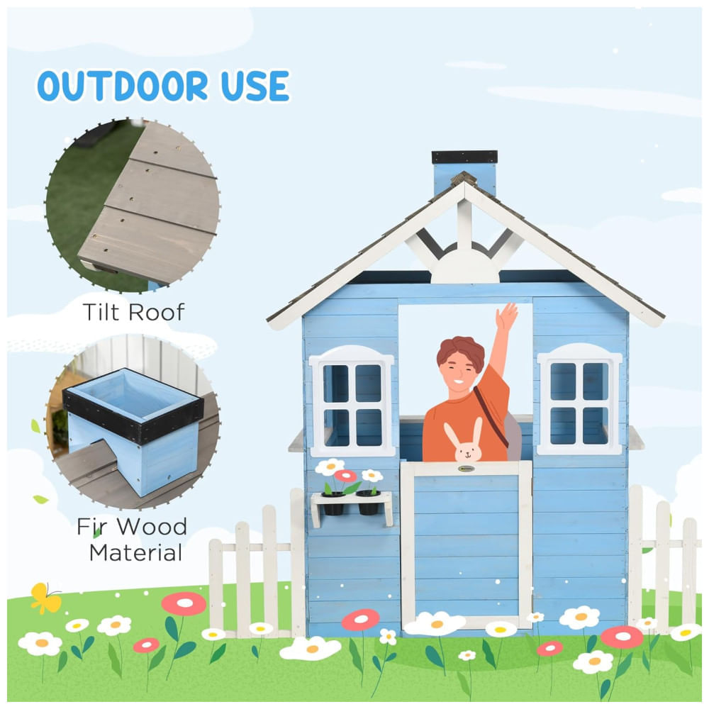 Miniatura Casinha Infantil de Madeira para Área Externa Estilo Country com Porta, Janelas, Posto de Serviço e Vasos de Flores para Crianças de 3 a 7 Anos, 110v