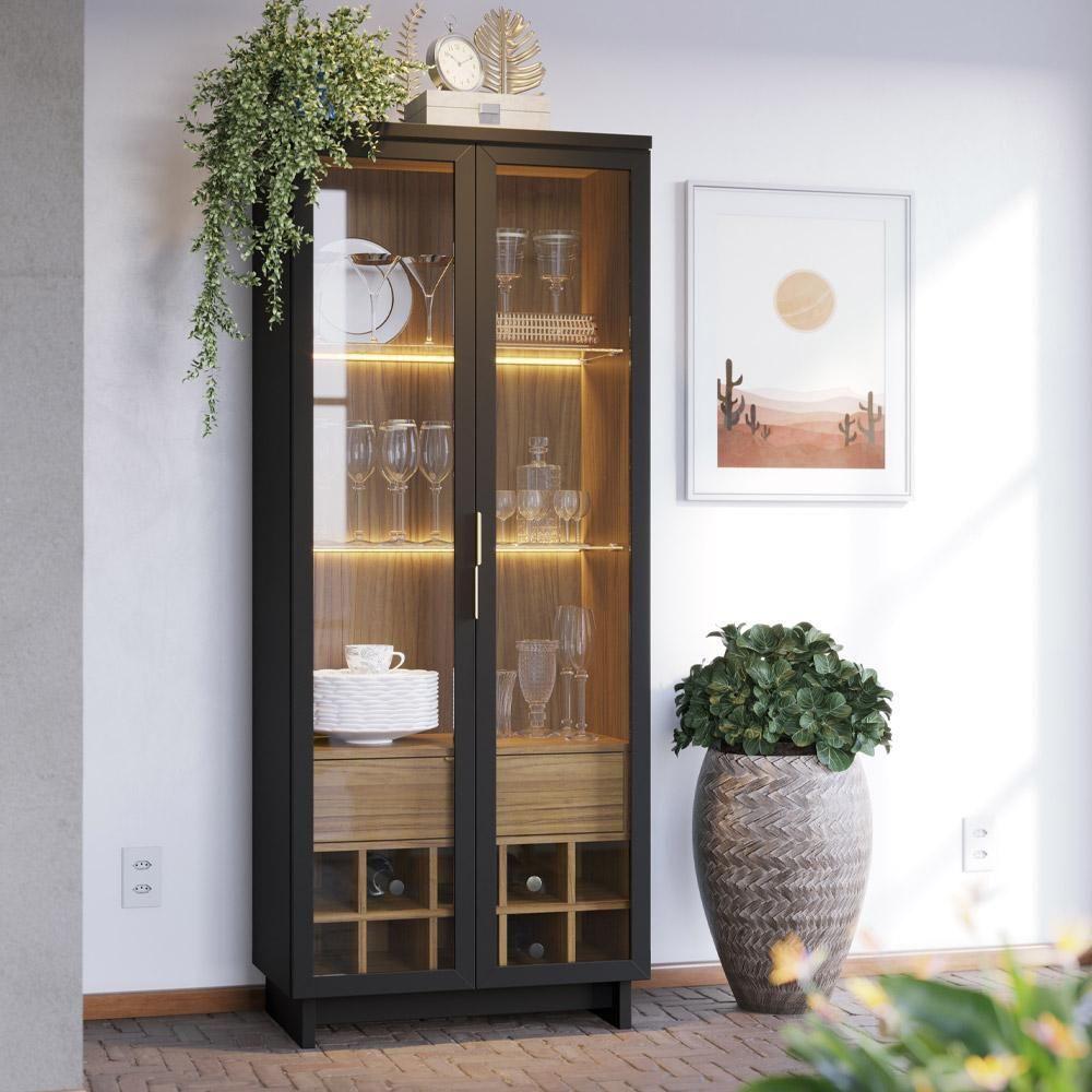 Cristaleira Com Nicho Adega 2 Portas C4 Preto Noce Milano