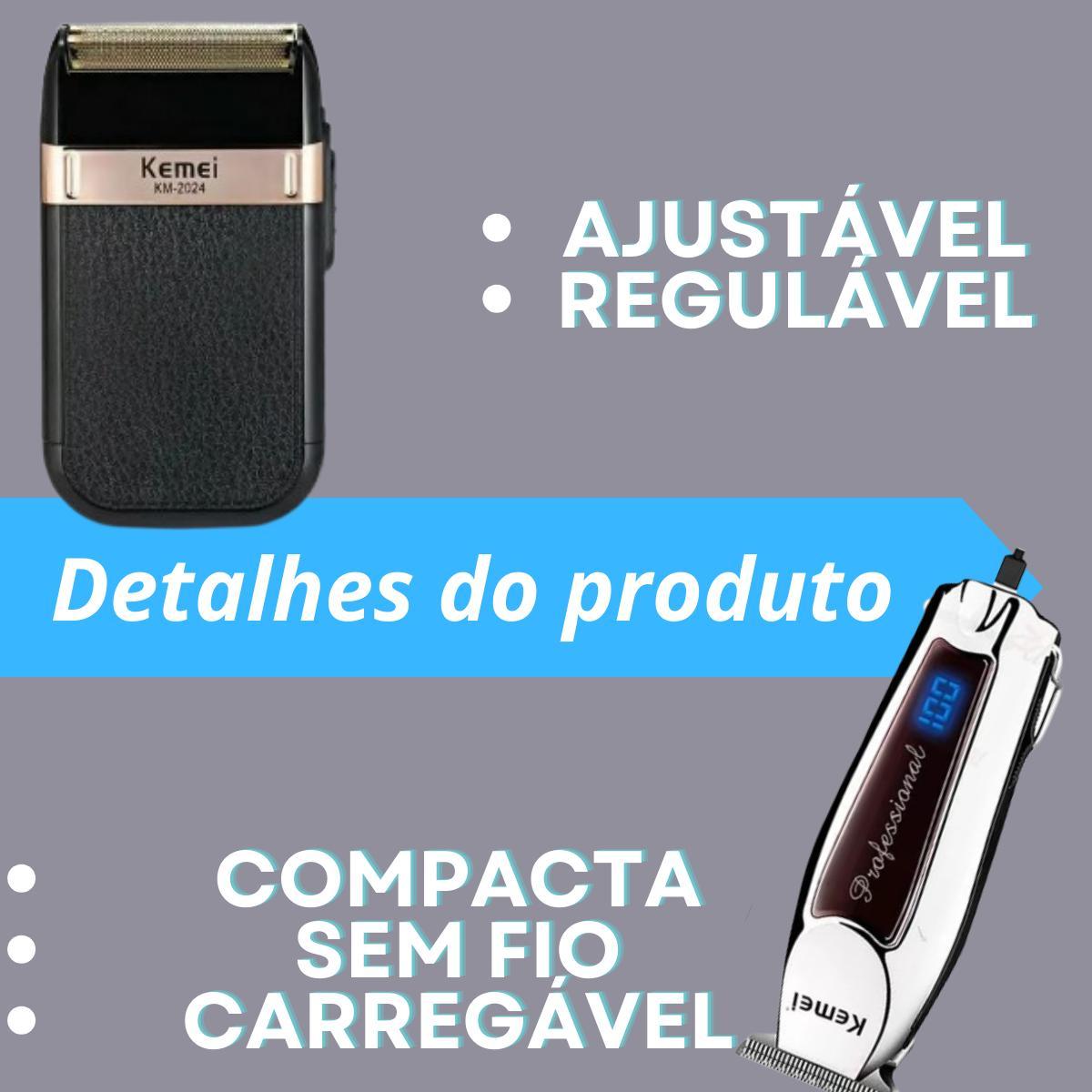 Miniatura Kit Premium Masculino Kemei: Barbeador 2024 + Máquina 9164
