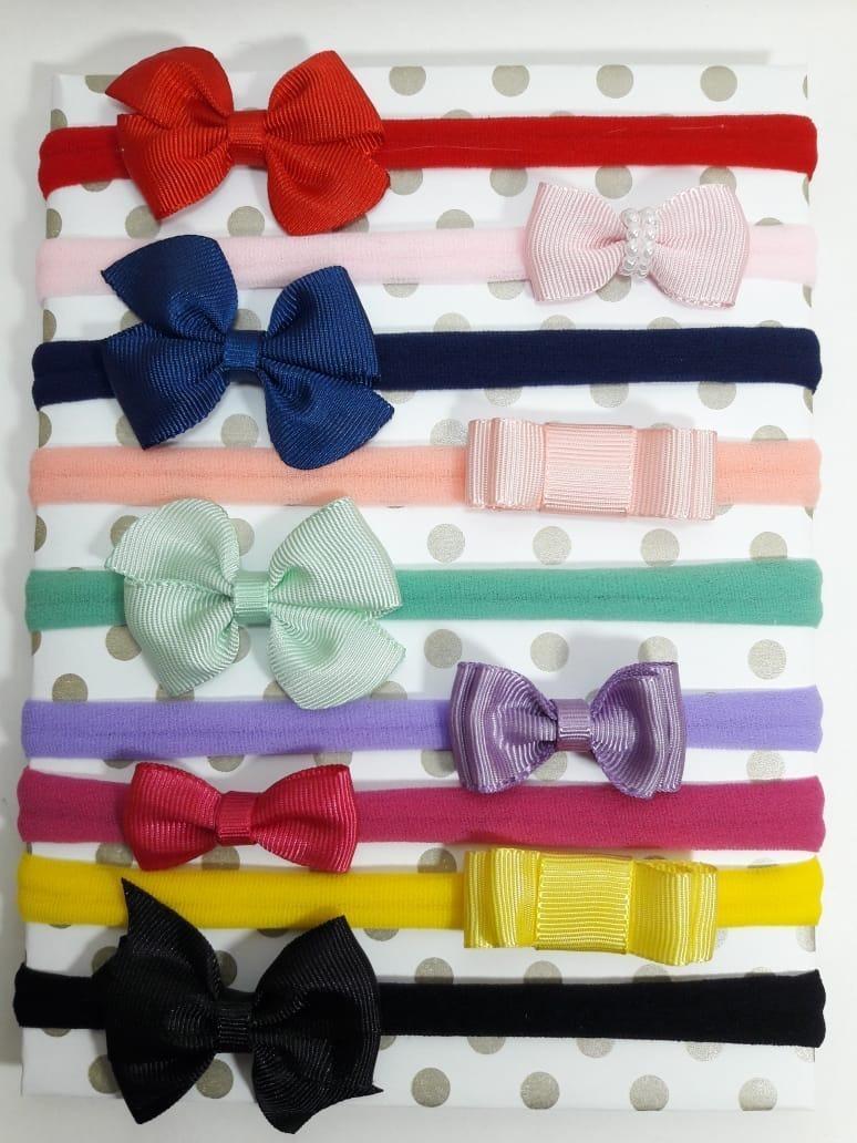 Miniatura Tiara De Bebe Menina Kit Faixas Meia De Seda 9 Laços Rn