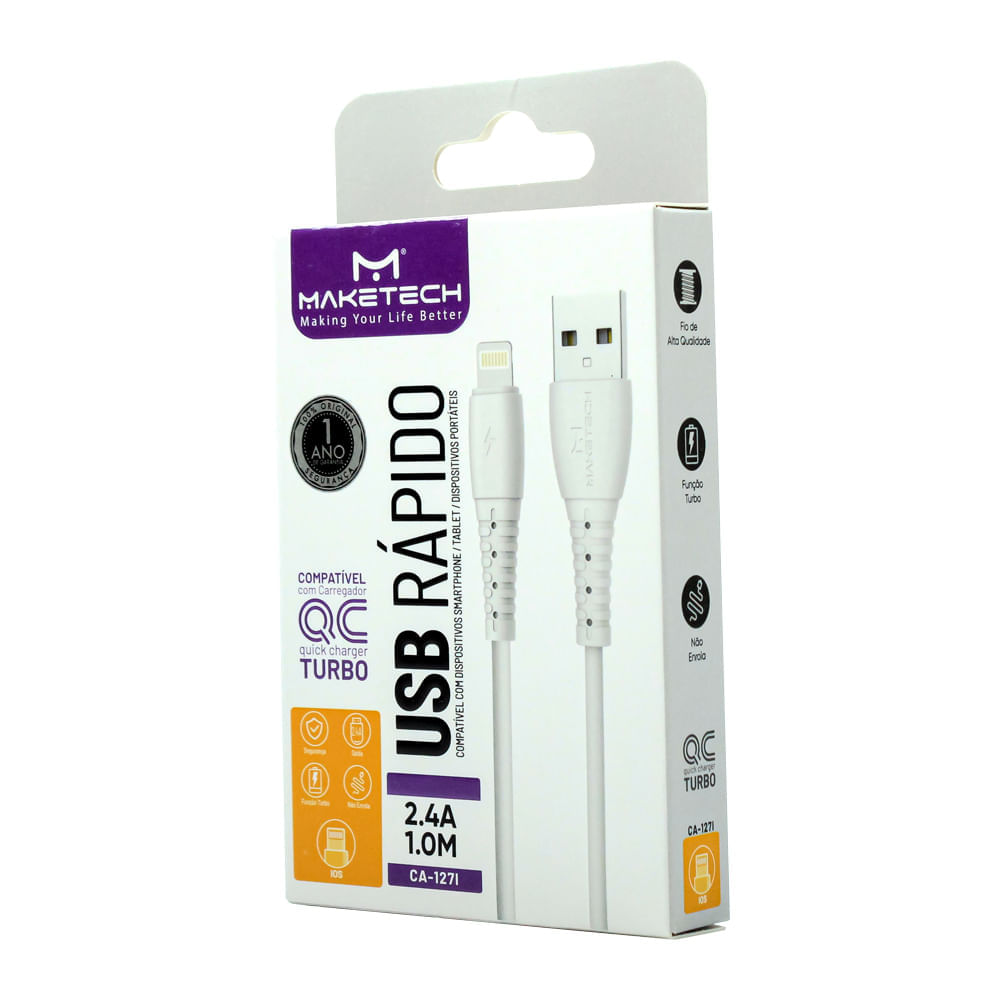 Miniatura Cabo Micro USB IOS Maketech CA 127I Branco 2.4A 1 Metro