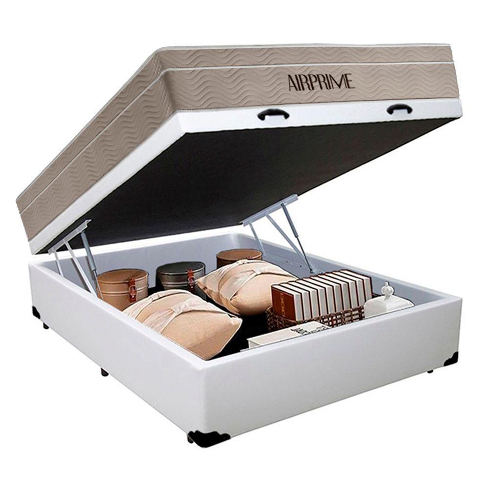 Cama Box Baú Casal Sintético Cremil + Colchão Molas Ensacadas Airprime 138x188x65cm Branco