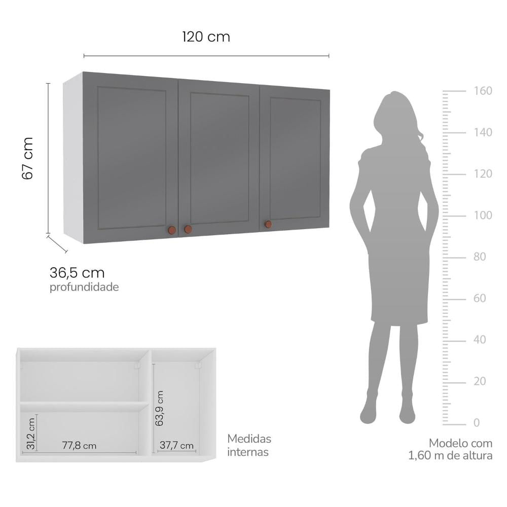 Miniatura Armário Aéreo 3 Portas 120 Cm Pérola Yescasa Branco / Cinza