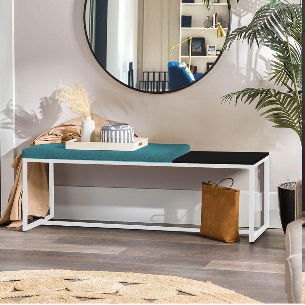 Miniatura Banco Recamier Puff 195cm Industrial Branco Suede Azul Turquesa Tampo Quadrado Mdf Preto