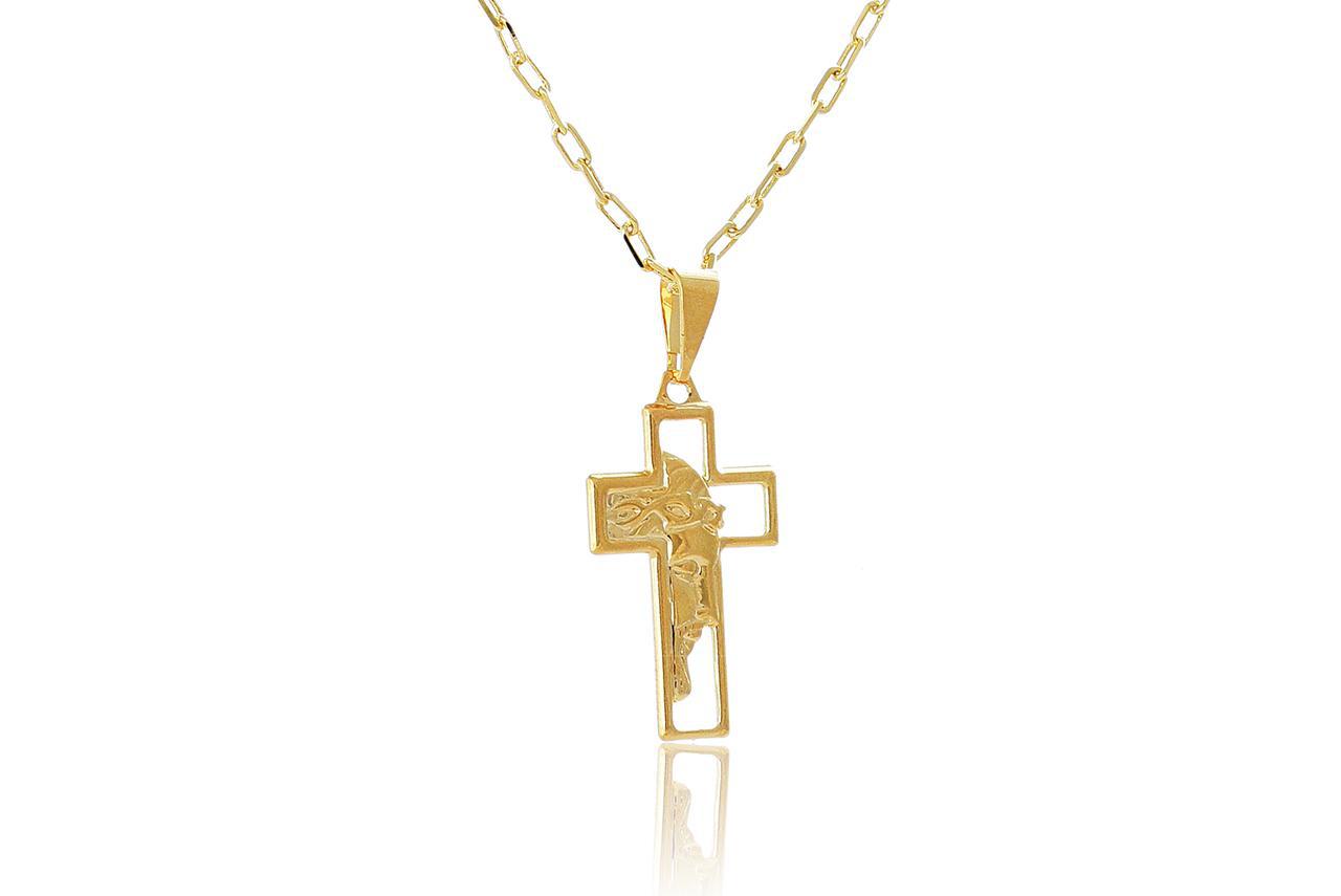 Miniatura Colar Com Pingente De Cruz E Face De Jesus Folheado Em Ouro