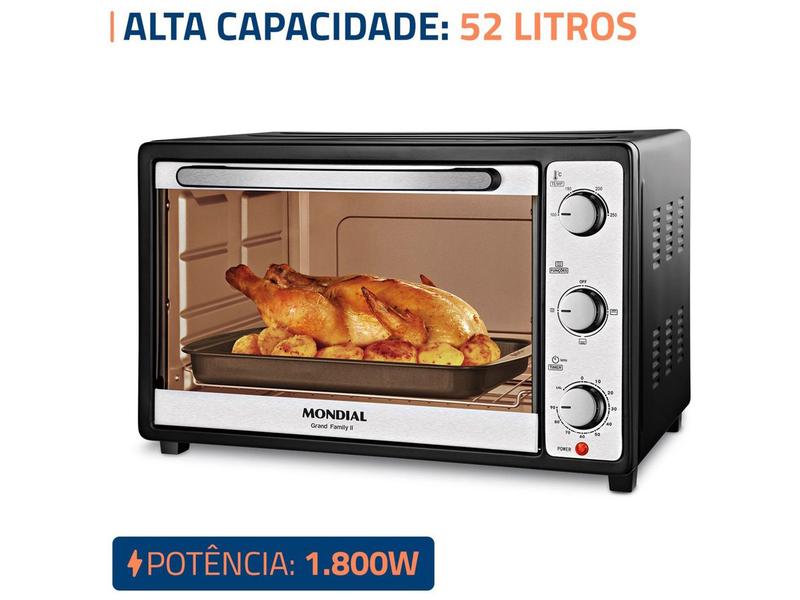 Miniatura Forno Elétrico de Bancada Mondial Multifuncional 52L Preto e Prata Grand Family II FRN-52-B Preto e Inox - 110V