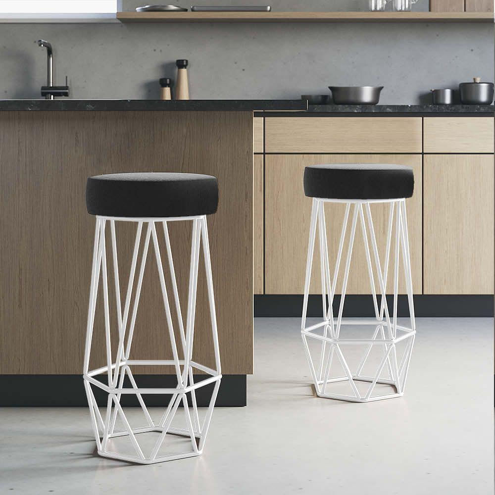 Miniatura Banqueta Com Encosto Mhara Hexágono Cozinha Bar Ferro Branco Sintético Cinza - Amey Decor