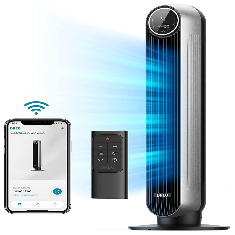 Miniatura Ventilador de Torre Dreo DR HTF007S com 4 Velocidades, Controle Remoto, Tela LED e Controle de Voz, 110V, Cinza