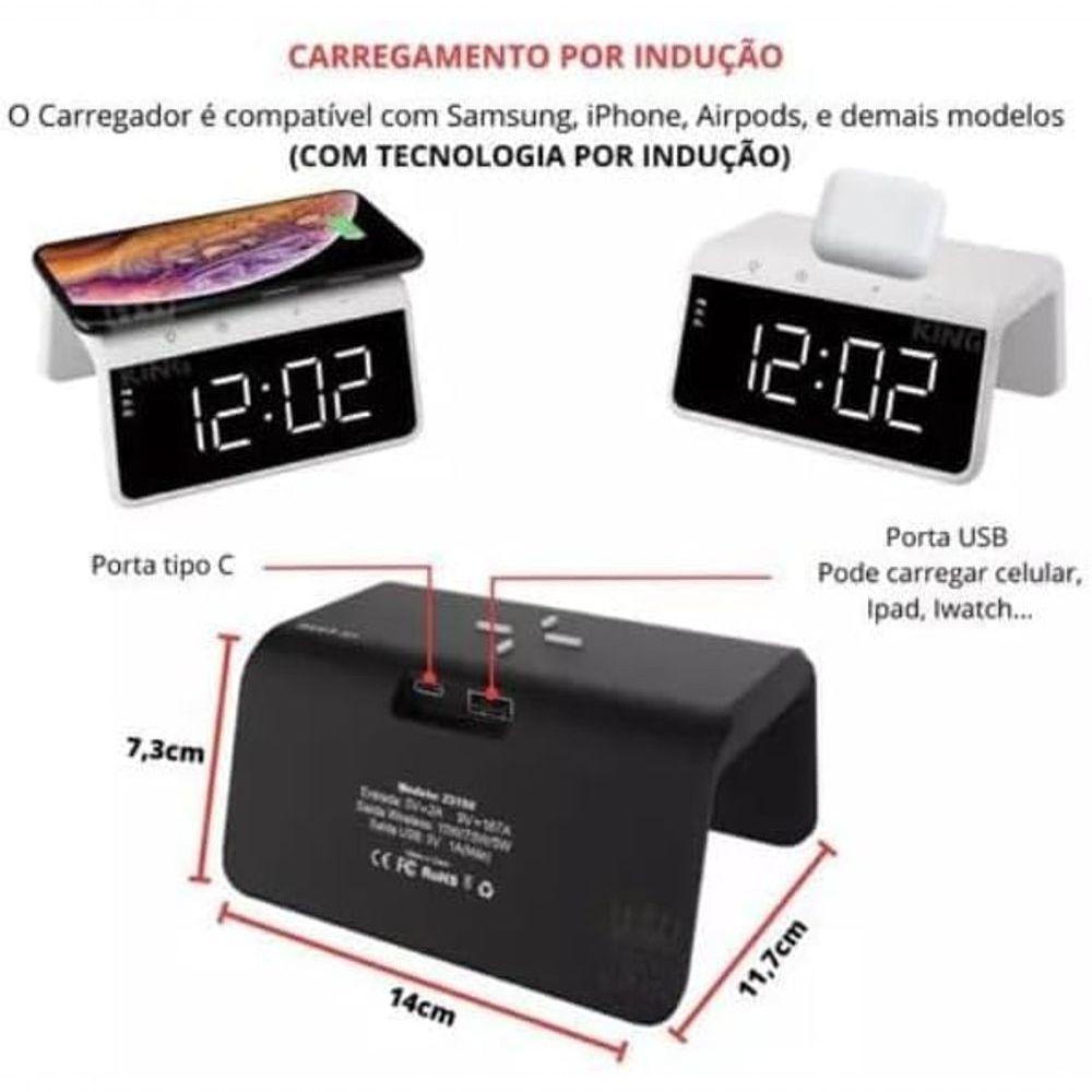 Carregador Indução Relógio Digital Com Abajur Led Colorido Premium Branco