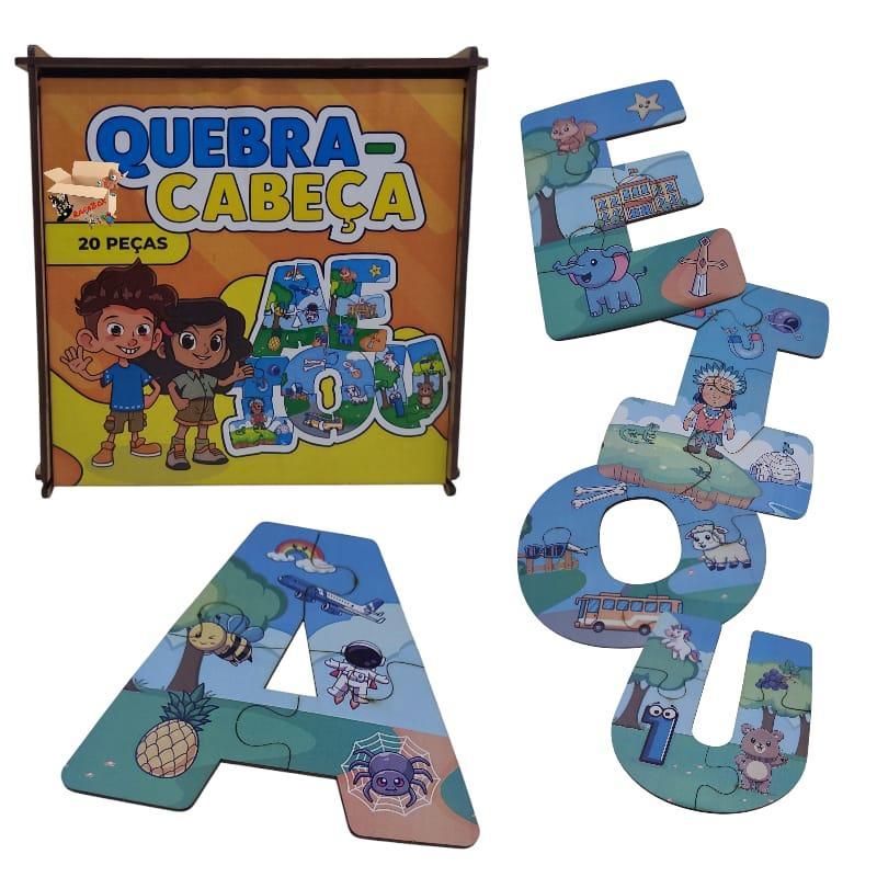 Miniatura Quebra Cabeça Madeira Estojo Infantil Aprendendo Vogal Aeiou