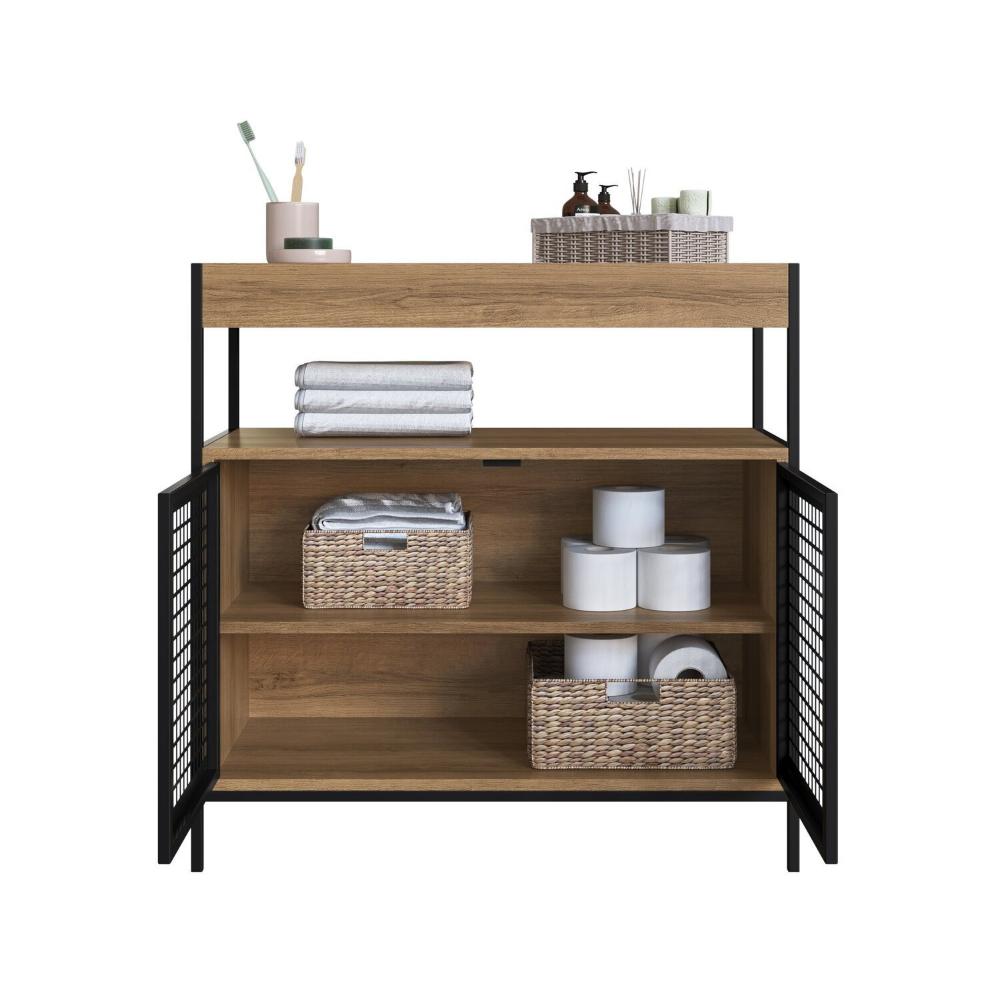 Miniatura Armário Gabinete de Banheiro 80cm Estilo Industrial com 2 Portas Preto/Mel