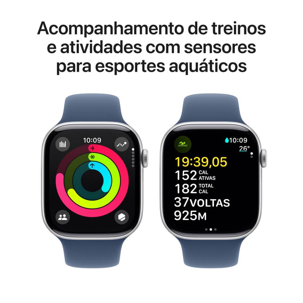 Miniatura Apple Watch Series 10 GPS + Cellular • Caixa prateada de alumínio – 46 mm • Pulseira esportiva denim – P/M