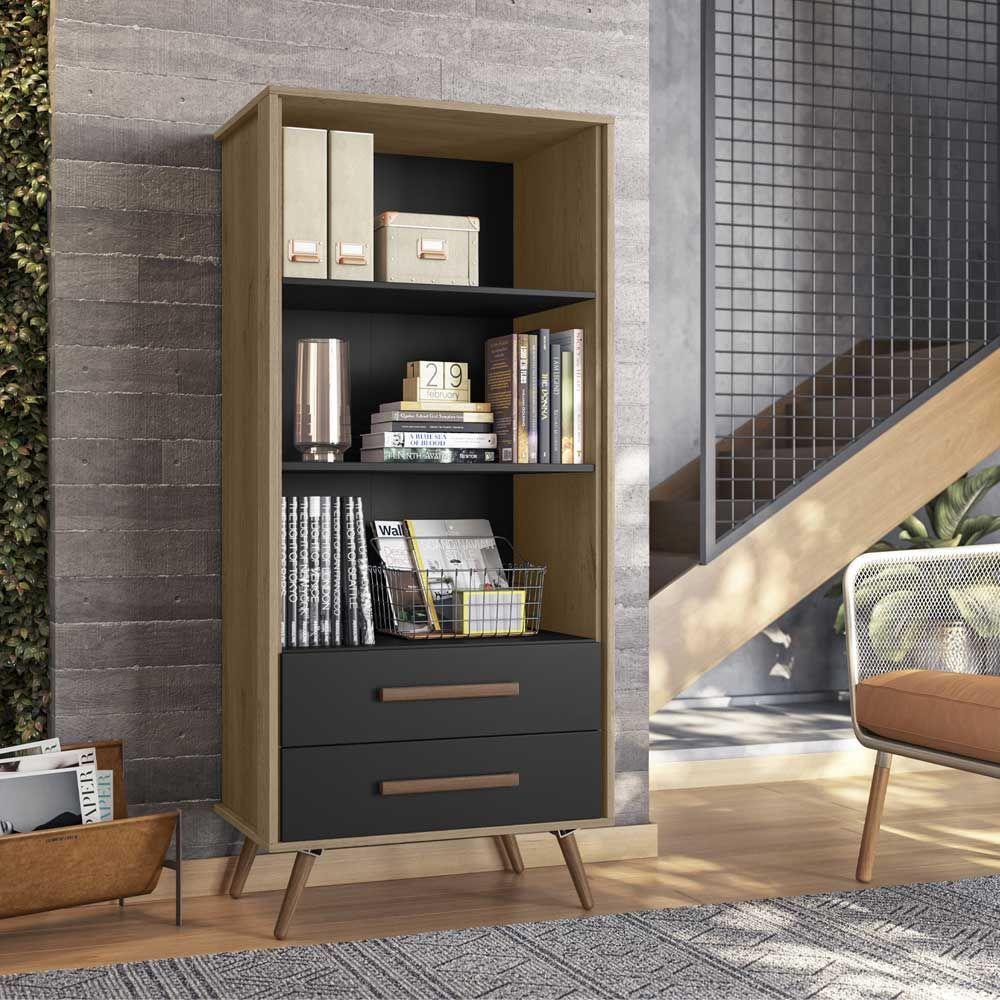 Miniatura Livreiro 2 Gavetas 2 Prateleiras 3955 Carvalho Rústico Toq Preto Fosco Qmovi