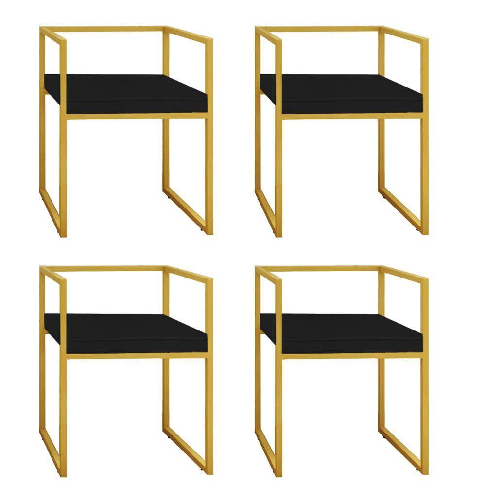 Miniatura Kit 04 Cadeira De Jantar Cubo Ferro Dourado Suede Preto