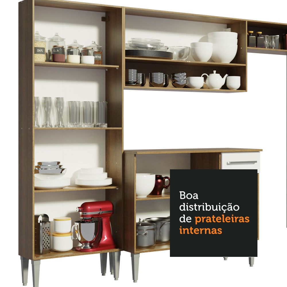 Armário de Cozinha Completa 293cm com Pia Rustic/Branco Emilly Madesa 08 Cor:Rustic/Branco