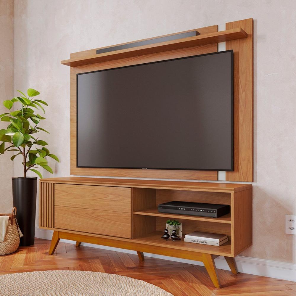 Miniatura Rack com Painel para Tv 70 Polegadas Otawa e Leme Porta Deslizante Ripado Artesanal Pés Madeira Freijó / Off White Matte