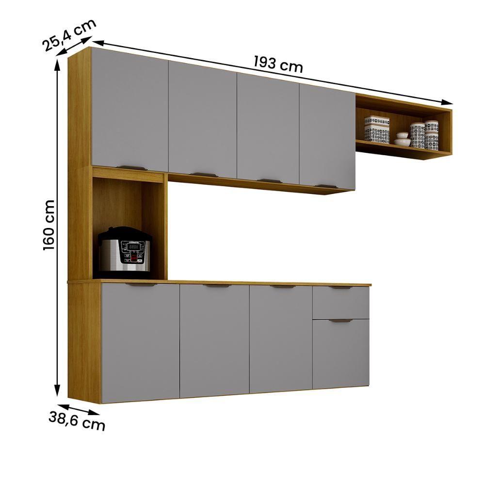 Miniatura Armario De Cozinha Nara Compacta 8 Portas Com 1 Gaveta 193cm Cinamomo/cinza