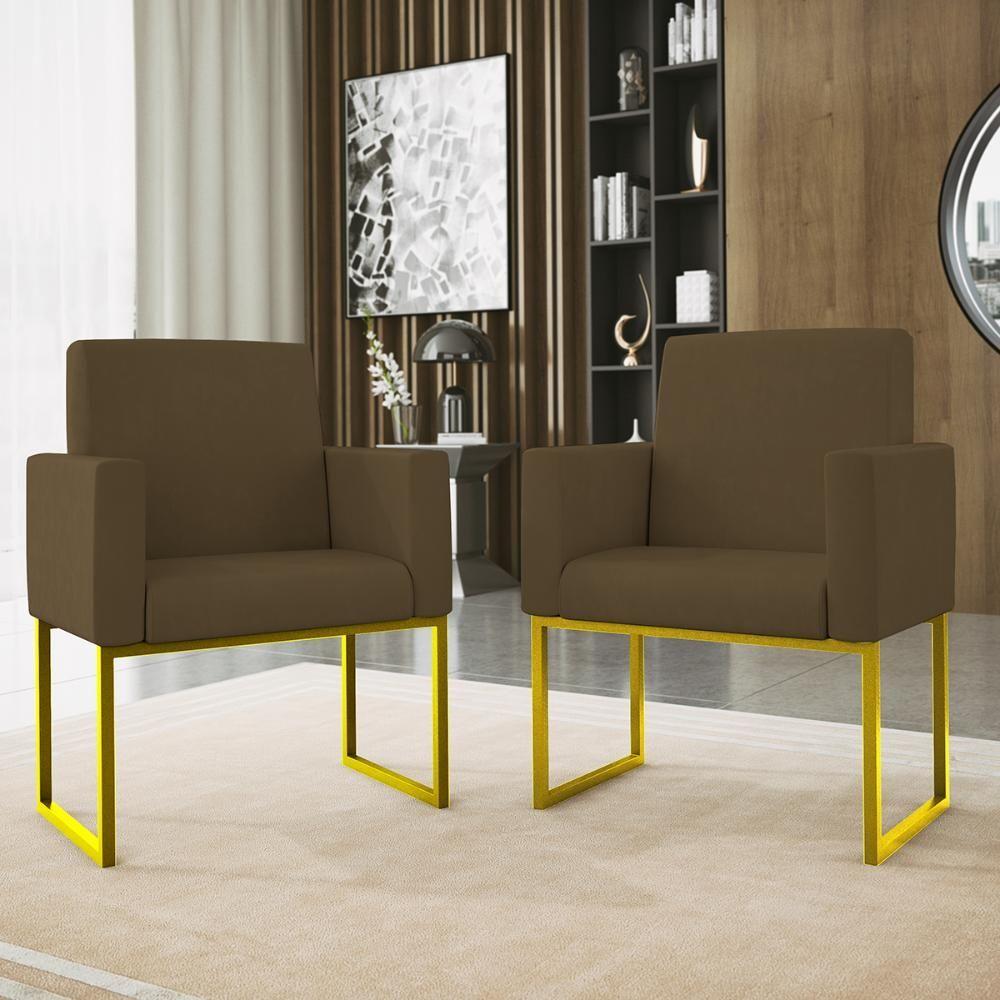 Miniatura Kit Sofá 2 Lugares + 2 Poltronas Recepção Sala Base Dourada Cor:marrom Marrom