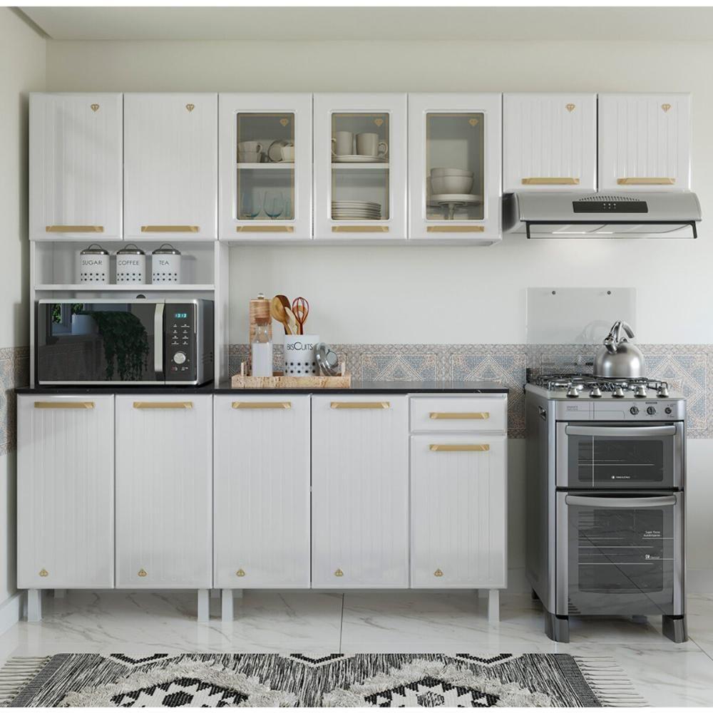 Miniatura Cozinha Completa De Aço 4 Peças Armário Para Forno-micro E Balcão Multimóveis Cr20371 Branco