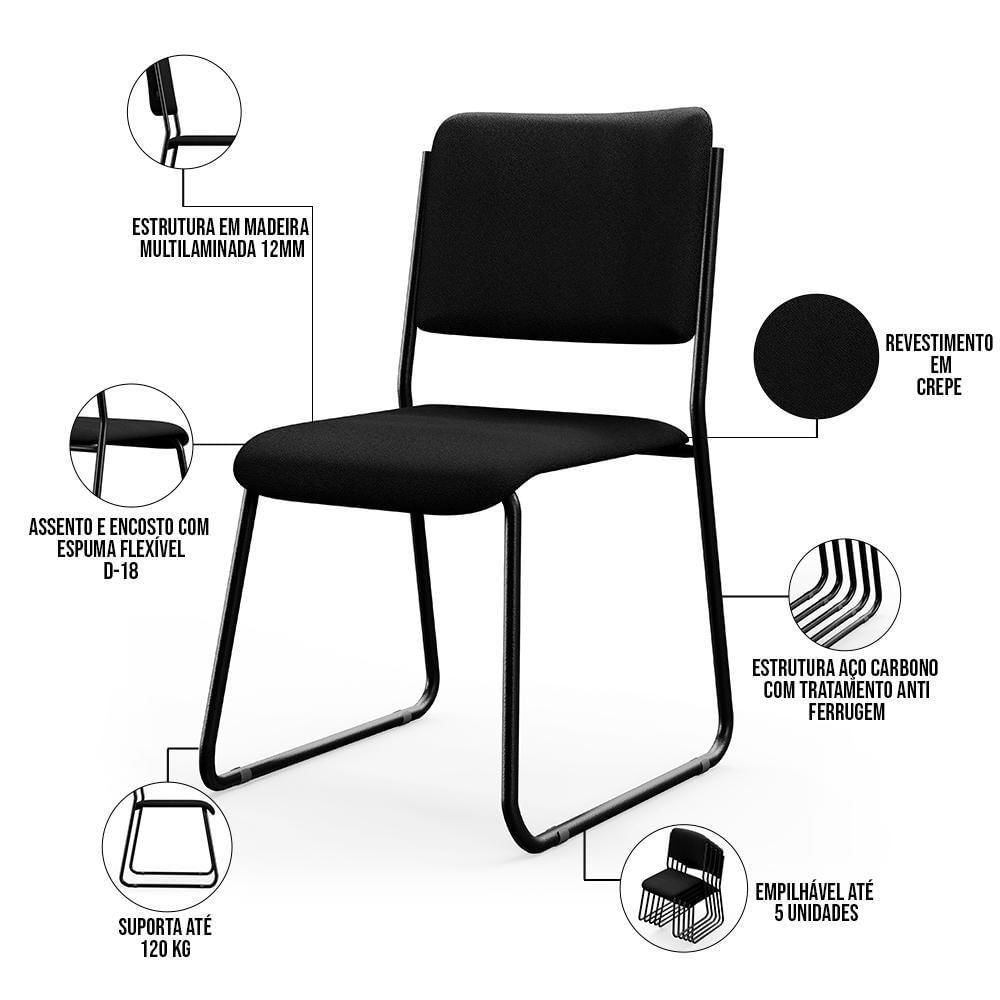 Kit 04 Cadeiras Hoteleira Auditório Empilhável Inter L02 Crepe Preto - Lyam Decor