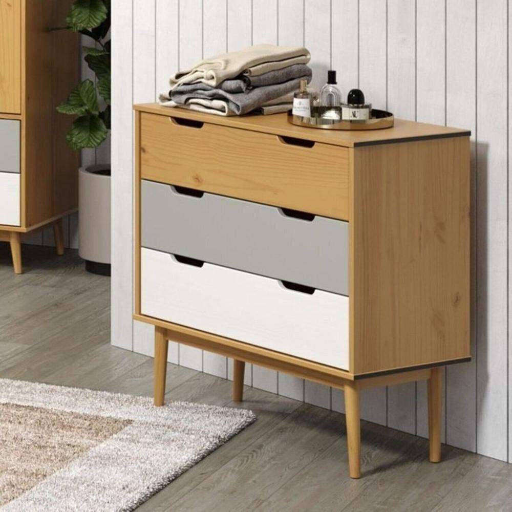 Conjunto Quarto em Madeira Maciça Guarda-Roupa 3 Portas e Cômoda 3 Gavetas Nórdica Yescasa Roble/Cinza/Branco