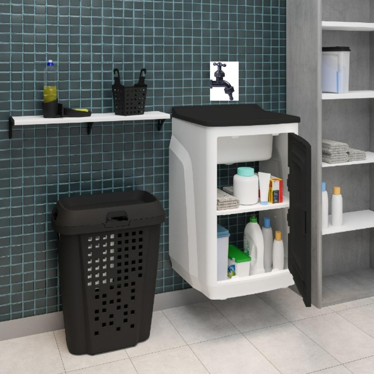 Gabinete Lavanderia Tanque Preto 01 Porta + Torneira
